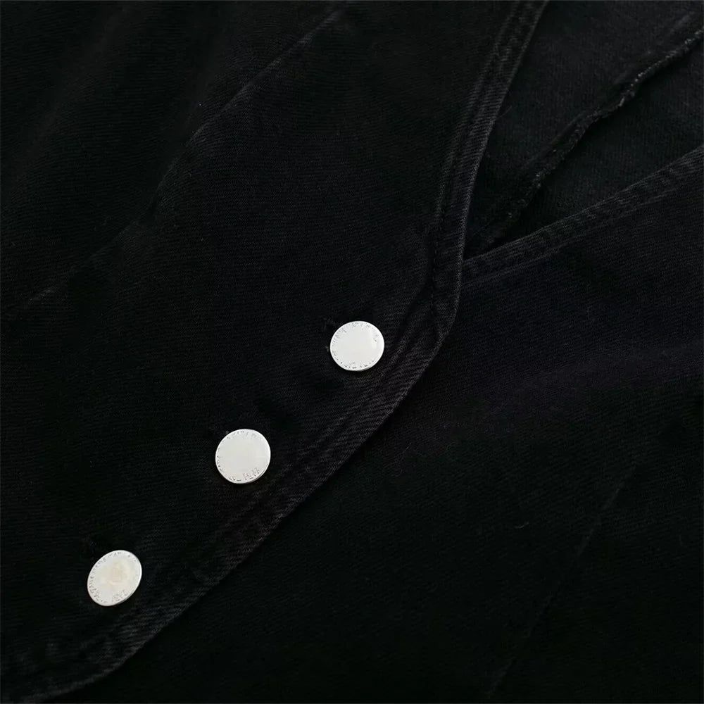 Women's Chic Short Denim Tank Top and Double Breasted Midi Denim Skirt Set Slimming Casual Fashion Ensemble