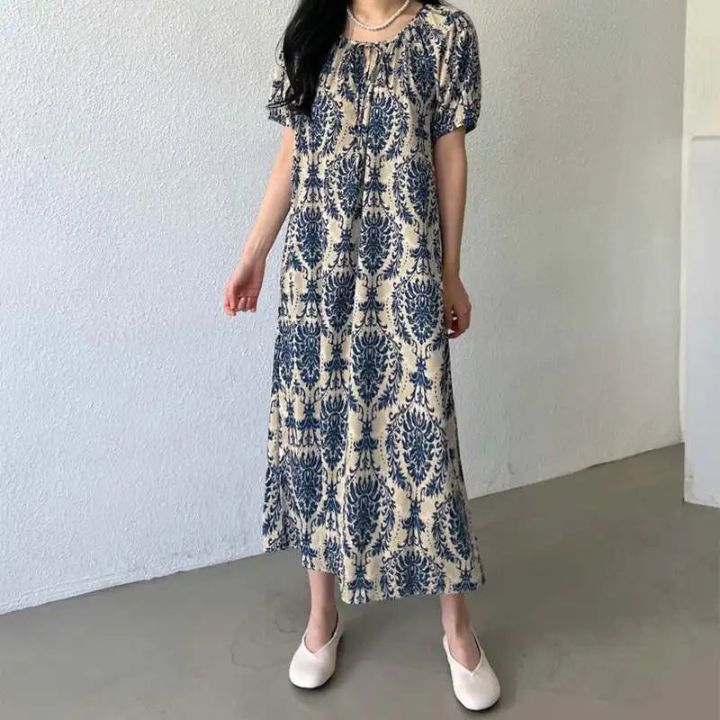Women Loose Casual Maxi Dress With Lace Up O Neck Printed