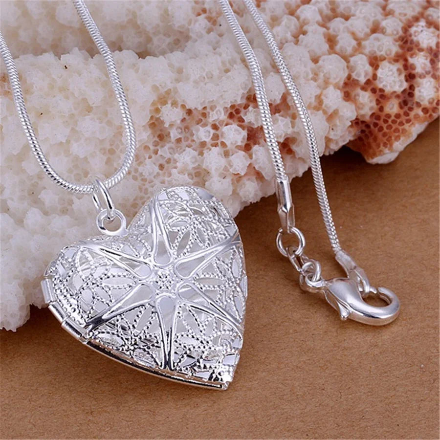 925 Sterling Silver Photo Frame Pendant Necklace with Snake Chain for Women Charm Wedding Jewelry