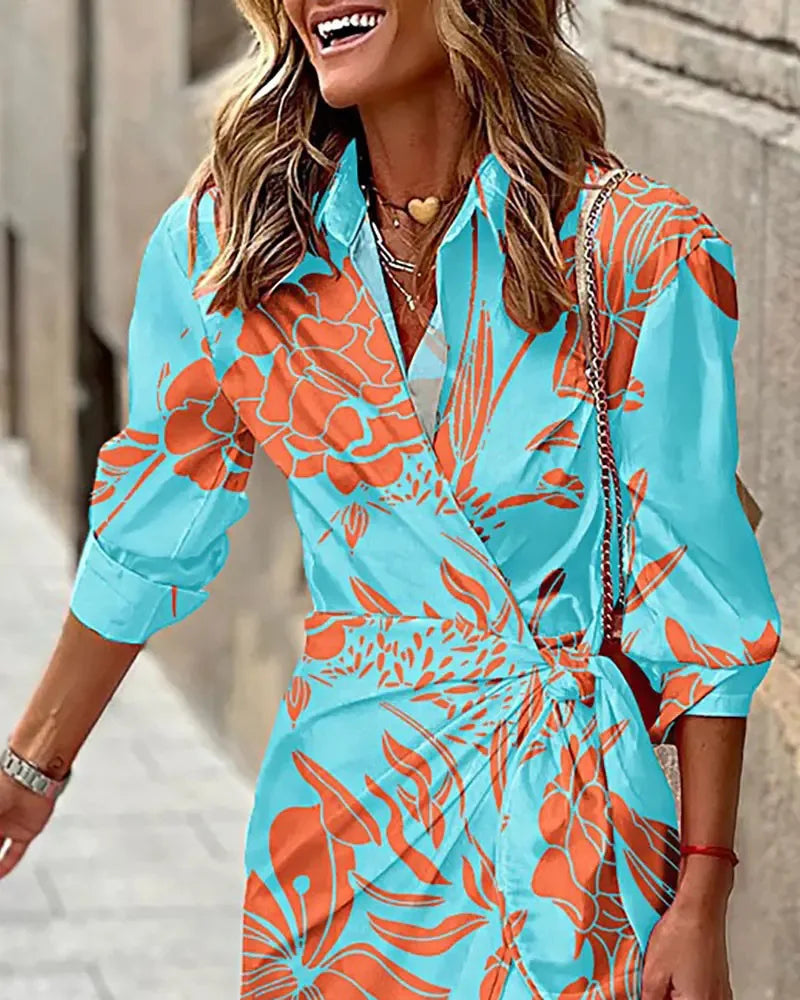 Printed Striped Shirt Collar Midi Dress For Women Everyday