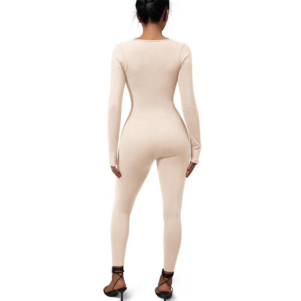 Bodycon Slim Fit Zipper Jumpsuit for Women Casual Brown Fitness Romper Streetwear Playsuit Overall