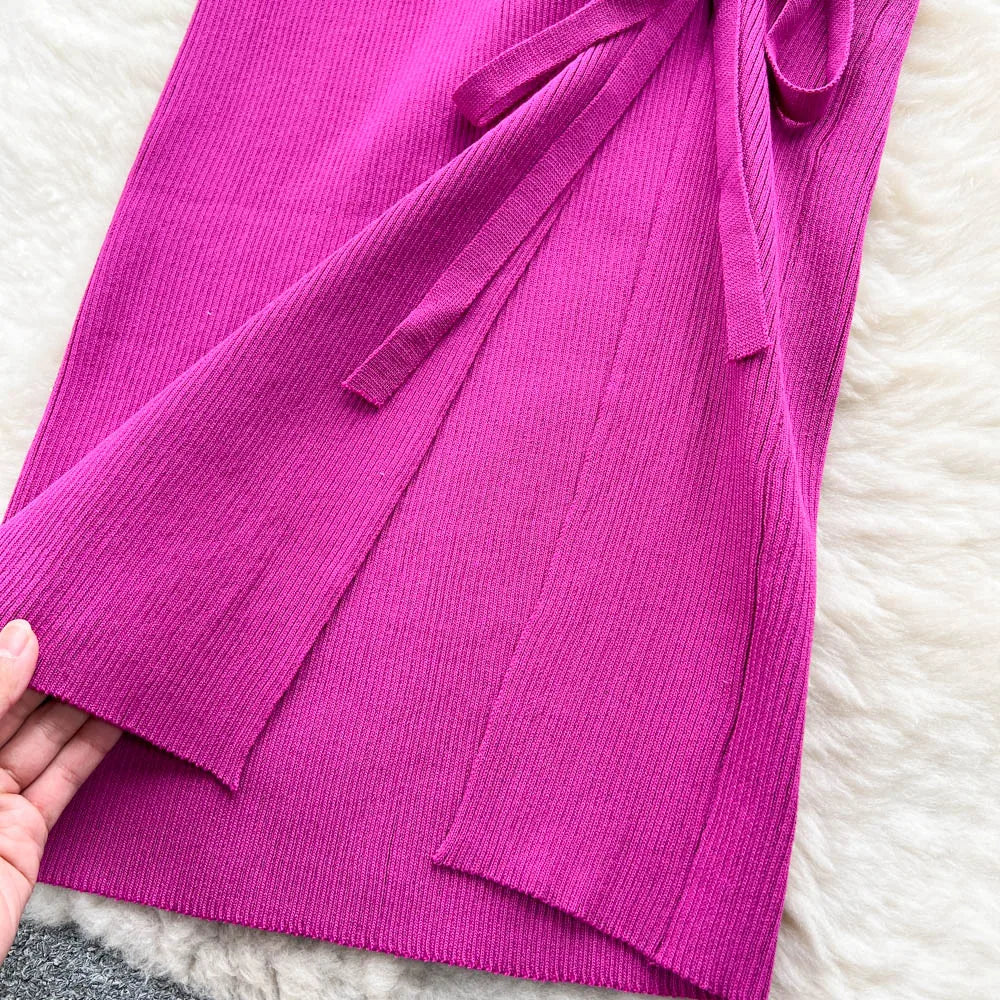 Summer Knitted Bodycon Dress Drawstring Split Black Women