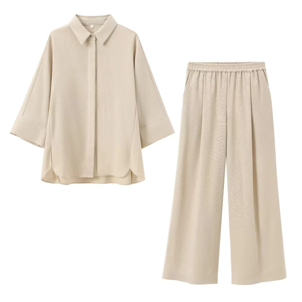 Women's Casual Linen Blended Wide Sleeve Shirt and Straight Leg Pants Set