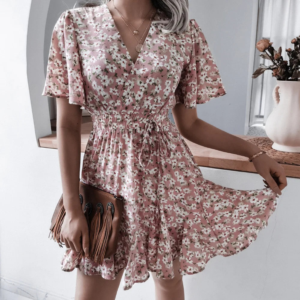 Summer Floral Dress With Bubble Sleeves V Neck A Line