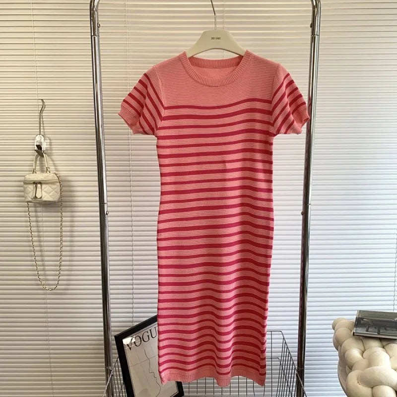 Summer Knit Bodycon Dress O Neck Short Sleeve Stripe Print