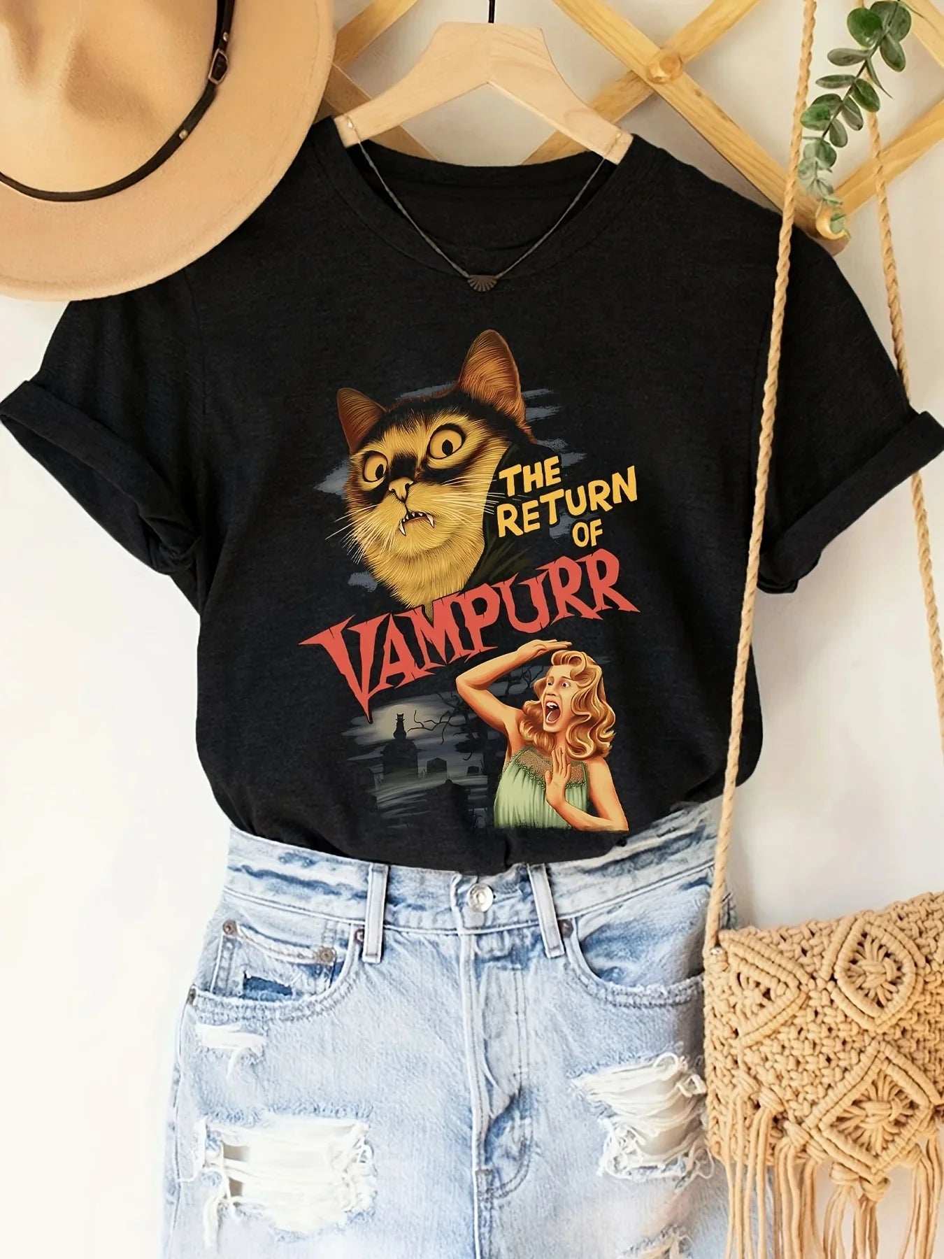 Vanpurr Cat Print Women Crew Neck T-Shirt Short Sleeve Casual Top for Spring and Summer Fashion