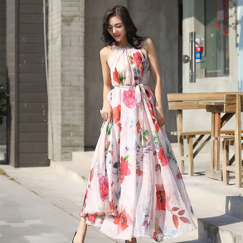 Floral Boho Backless Maxi Dress Women Beach Sundress