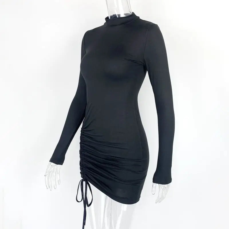 Black Bodycon Mini Dress With Drawstring Ruched Long Sleeve