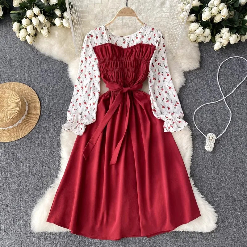 Floral Patchwork Chiffon Dress Belted Long Sleeve Women