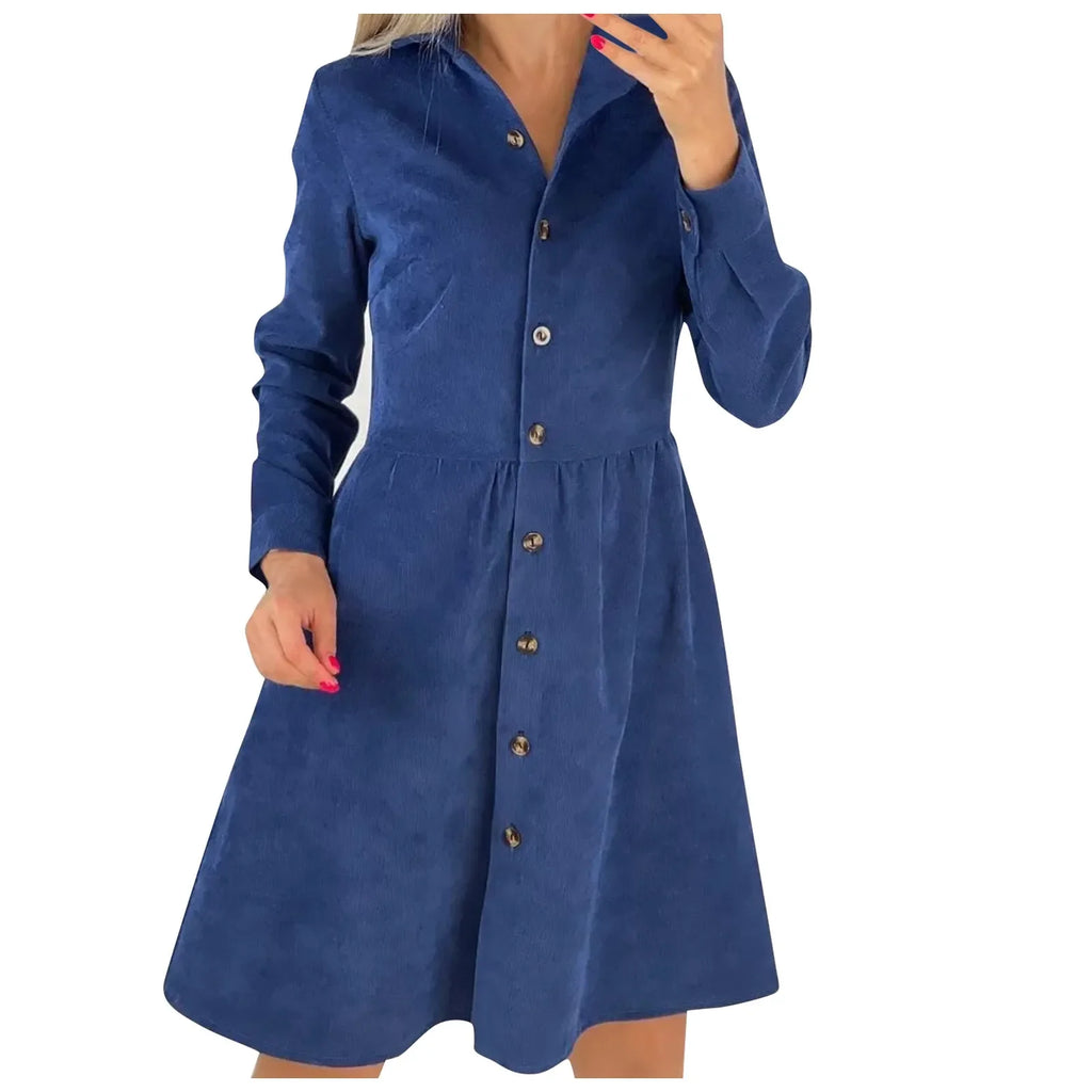 Corduroy Button Down Shirt Dress For Women Long Sleeves