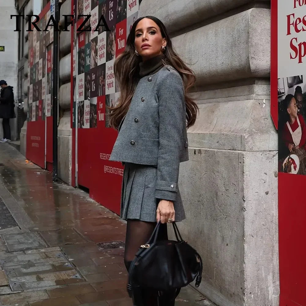 Double Breasted Epaulet O Neck Jacket with Chic Sashes and Pleated Mini Skirt Women's Streetwear Suit