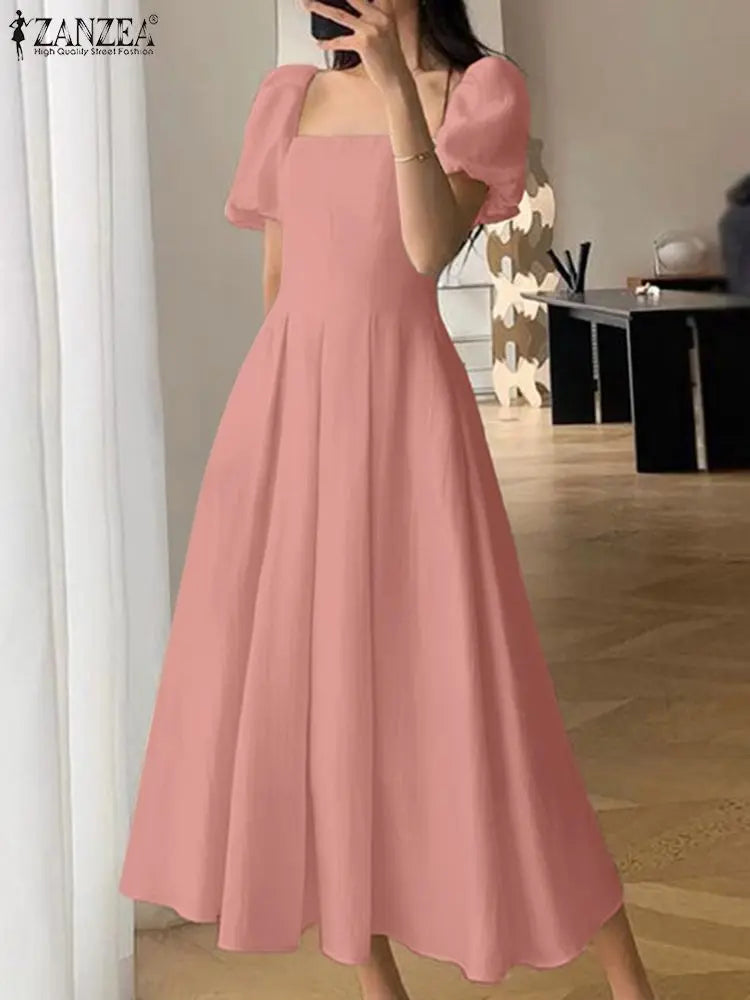 Korean Elegant Puff Sleeve A Line Dress Square Neckline