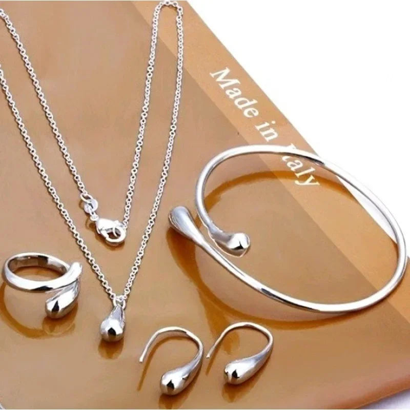 4PC Fashion Jewelry Set with Simple Rings Teardrop Necklace Bracelet and Earrings for Women