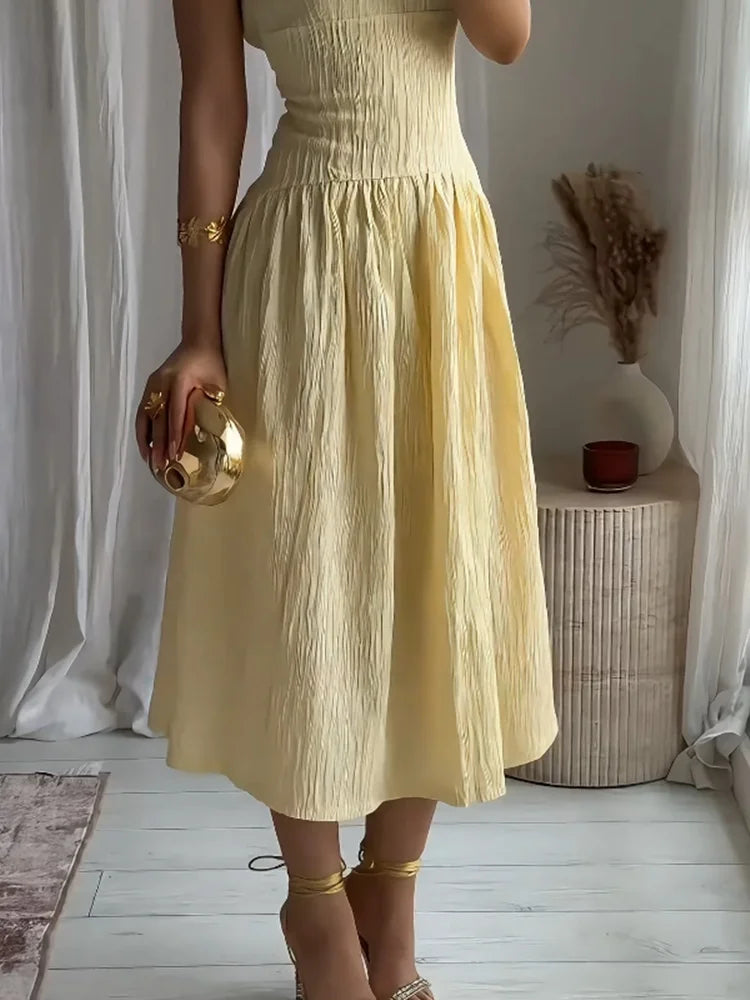 Textured Midi Dress For Women Square Neck Elegant Charm