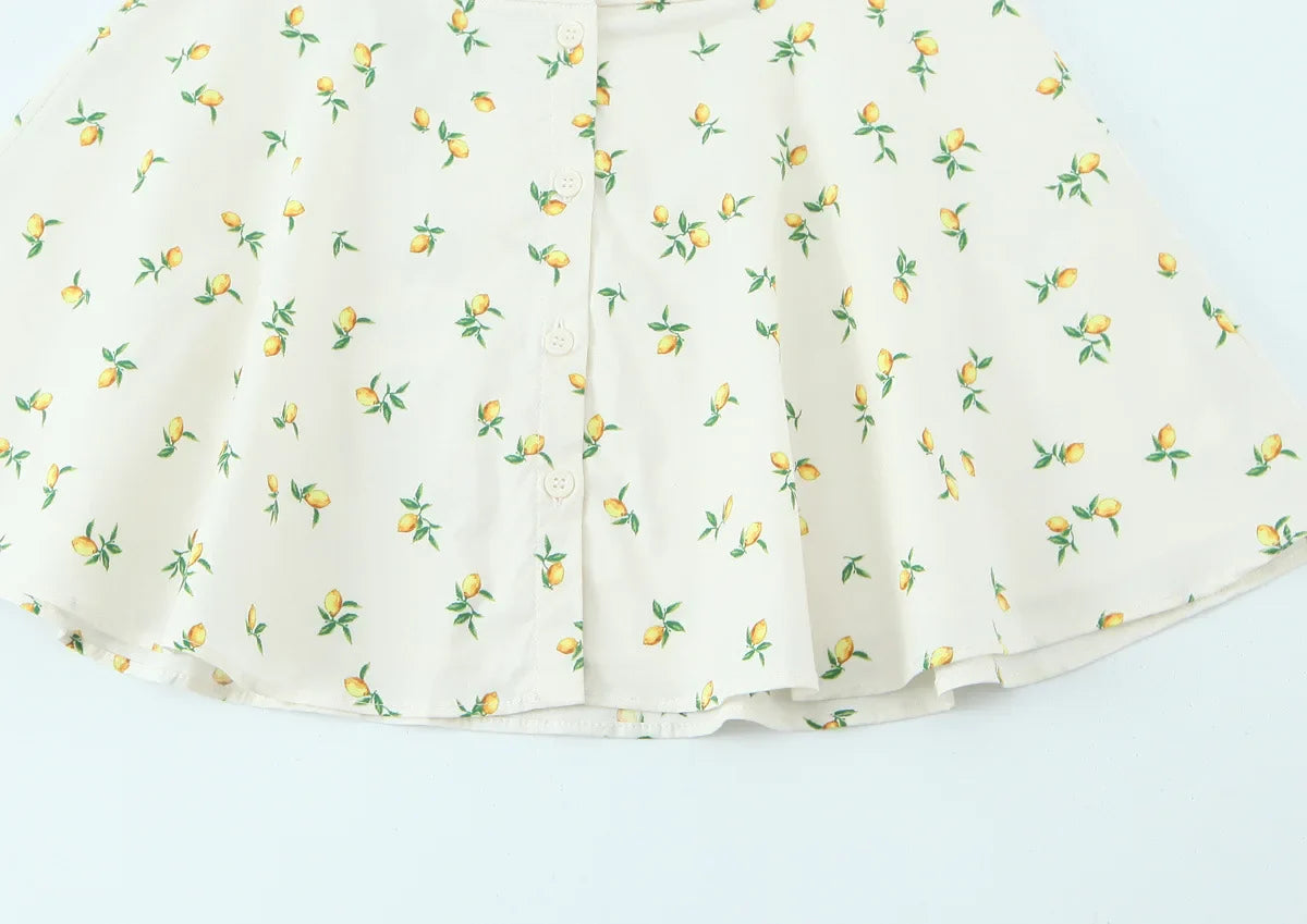 Casual Summer Two Piece Skirt Set for Women Lemon Print Backless Hanging Collar Tank Top with A-Line Mini Skirt Sleeveless Short Top