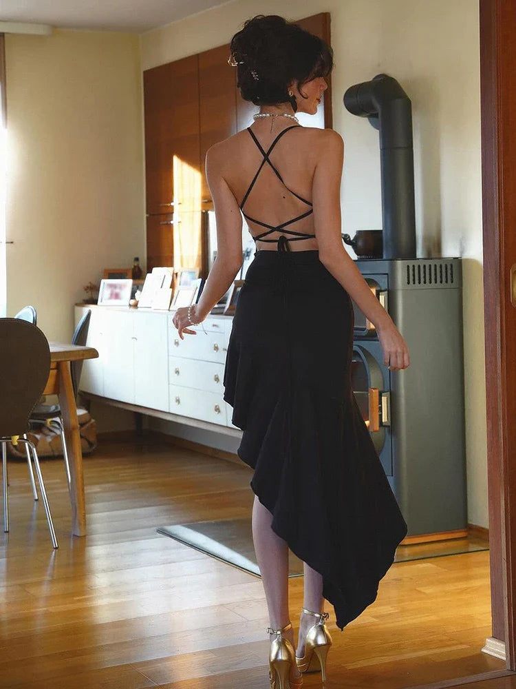 Lace Up Back Dress Summer Solid Color Evening Party Dress