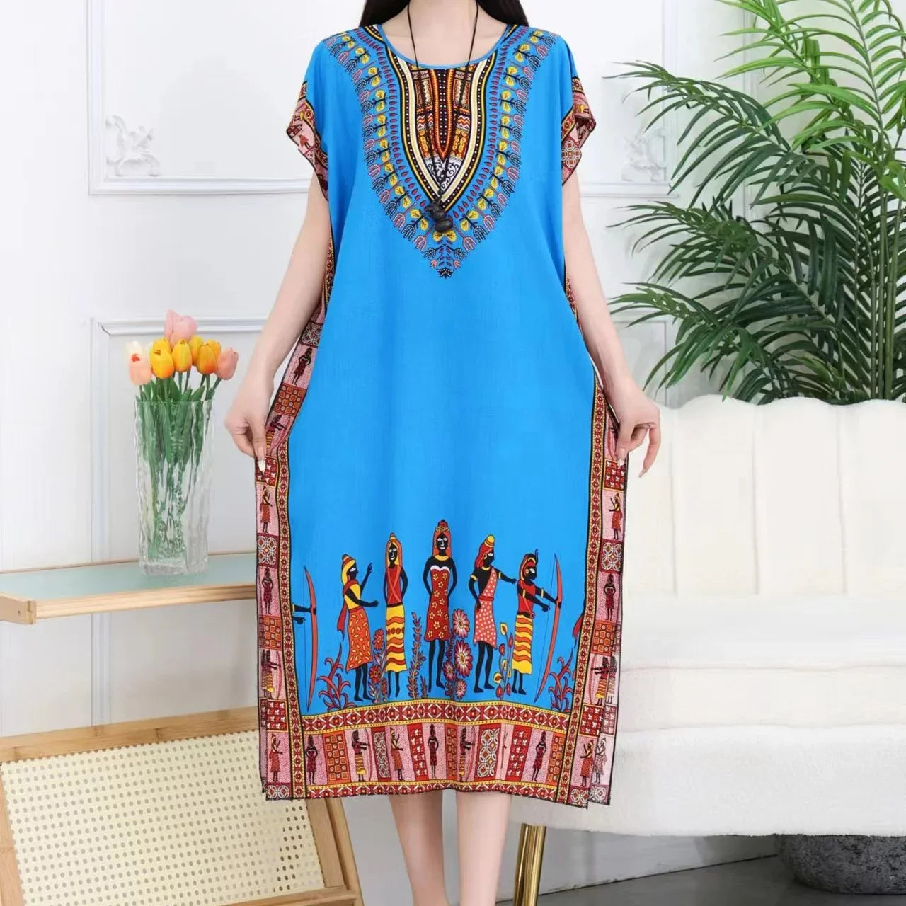 Retro Ethnic Print Batwing Sleeves Dress With High Slit
