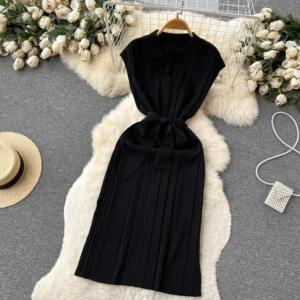 Solid Pleated Knitted Dress For Women Loose Fit Maxi