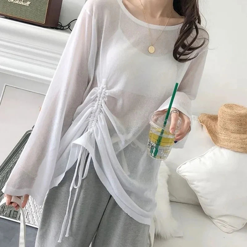 Rimocy Women Ice Silk Long Sleeve Sunscreen T Shirts for Summer Fashion with Drawstring Loose Fit