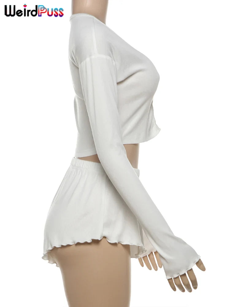 Casual Solid Two Piece Set for Women Long Sleeve Single Breasted Crop Top with Ruffled Thin Mini Shorts Autumn Trend Stylish Matching Outfit