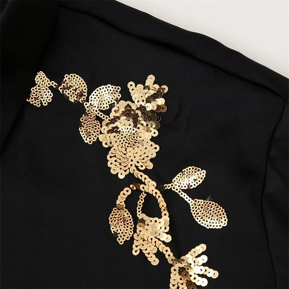 Women's Satin Texture Sequin Embroidered Shirt and High Waist Long Pants Set