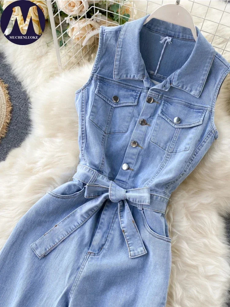 Slim Fit Sleeveless Denim Jumpsuit for Women with Single Row Buckle and Retro Lace-Up Detail Summer Fashion Jumpsuit