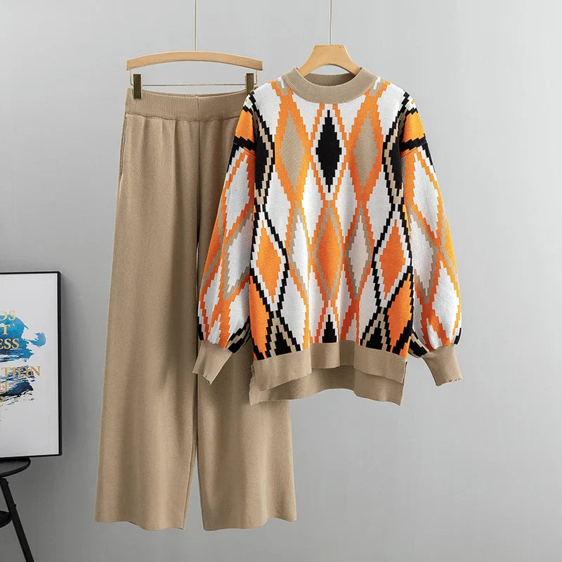 Loose Knitted Two Piece Women Casual Loungewear Sweater and Pants Set Winter Tracksuit