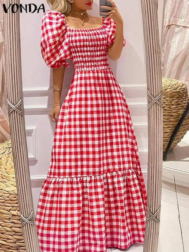 Boho Plaid Maxi Dress With Short Puff Sleeve For Summer
