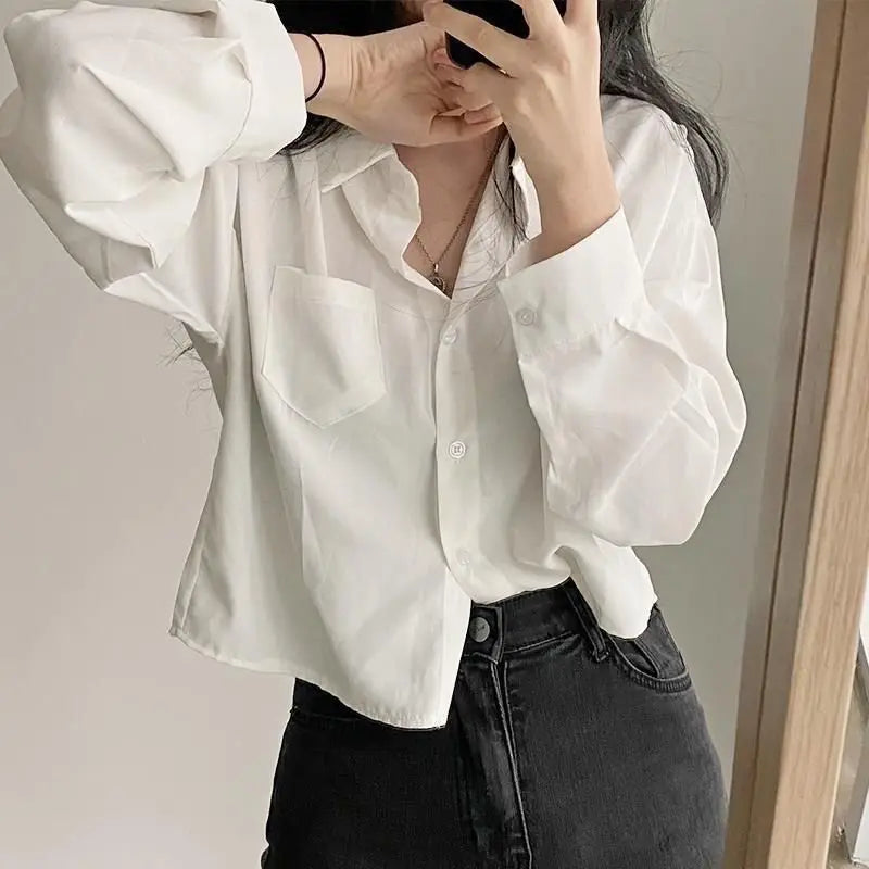 Elegant Long Sleeved Single Breasted Loose Casual Shirt and Blouse Solid Color Short Top for Women