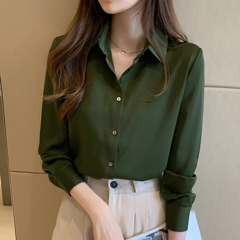 Elegant Satin Long Sleeve Blouse for Women Casual Office Shirt Solid White Basic Top