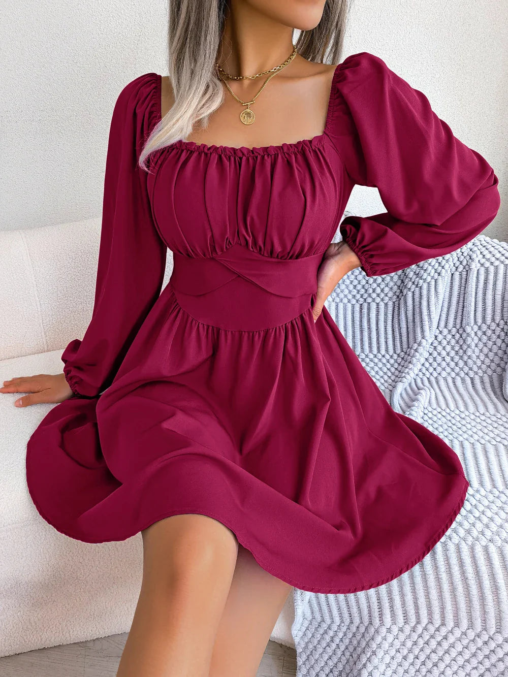Square Neck Long Sleeve Pleated Mini Dress High Waist