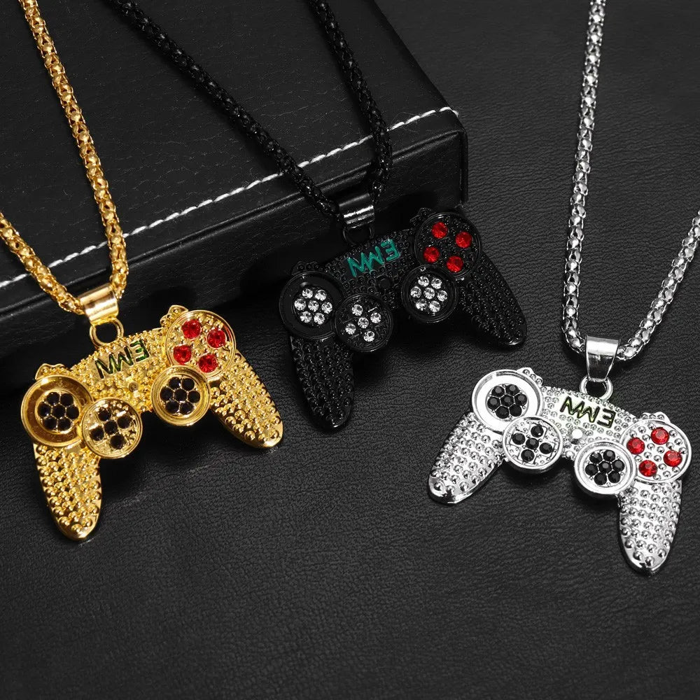 Trendy Gamepad Lightning Stainless Steel Necklace for Women and Men in Gold Color with Crystal Embellishments