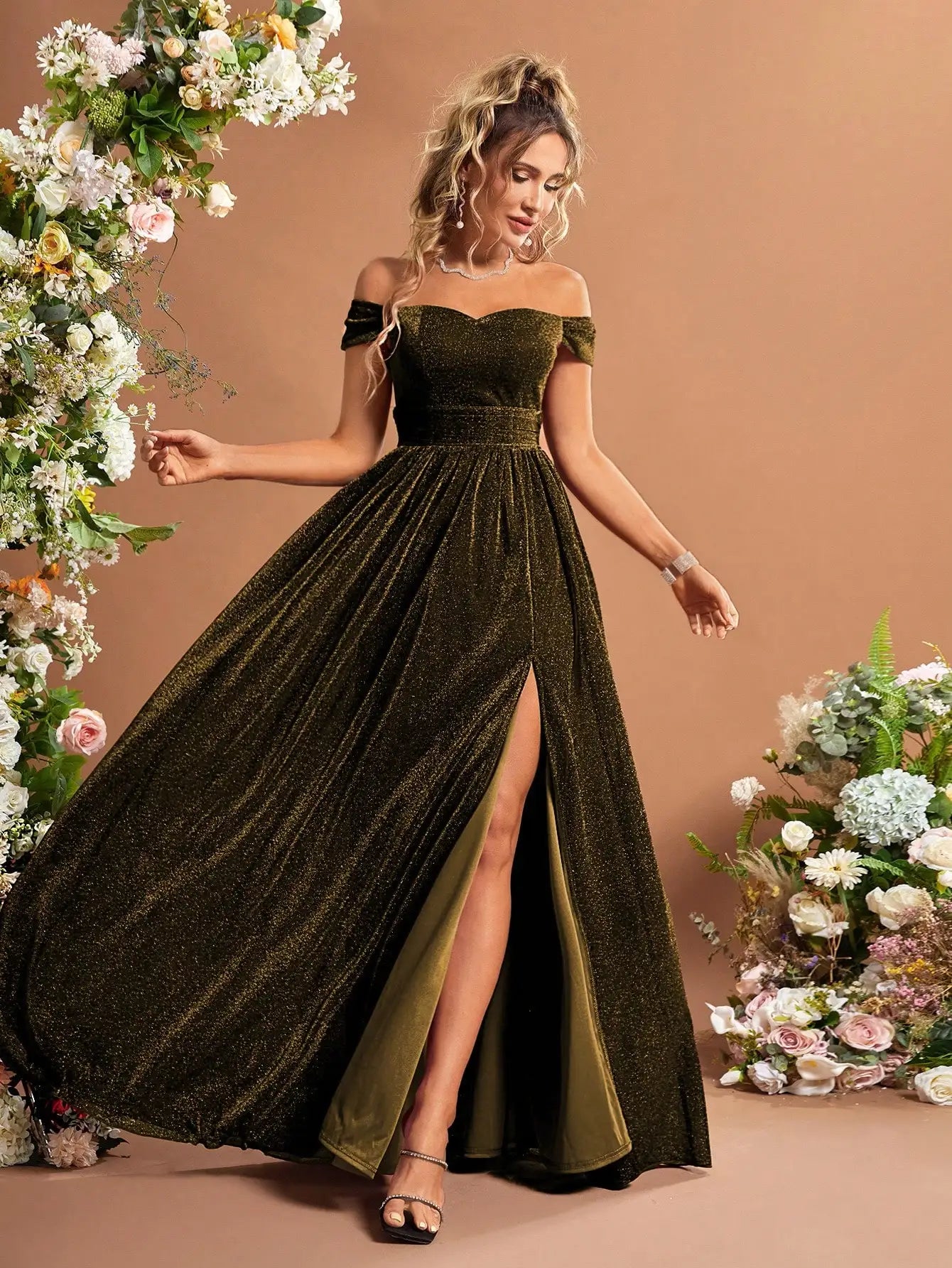 Green Off Shoulder Glitter Dress With Thigh Slit Sequins