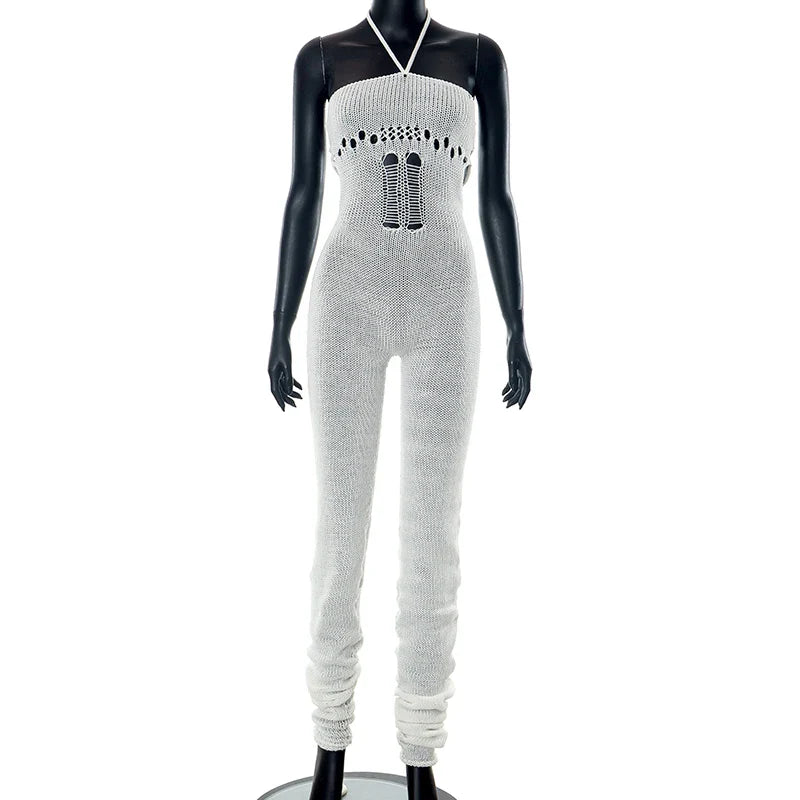 Weird Puss Bandage Knit Halter Jumpsuit with Gloves Women Stretch Sexy Backless Hollow Skinny Street Style Stacked Workout Overalls
