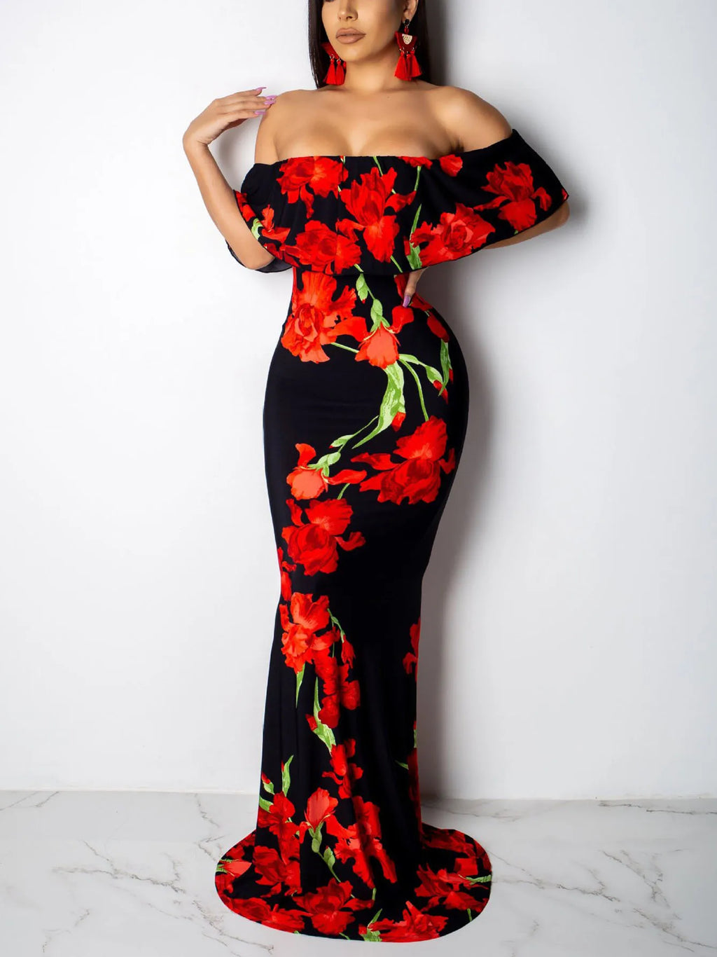 Floral Print Maxi Dress Off Shoulder Bodycon Silhouette
