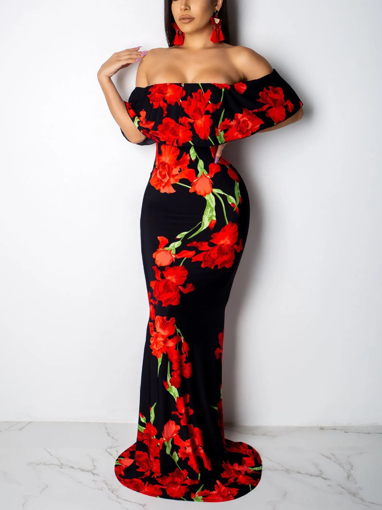 Floral Print Maxi Dress Off Shoulder Bodycon Silhouette