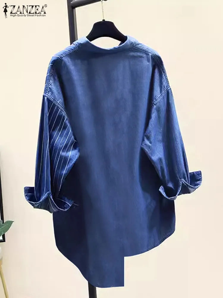 Women's Striped Patchwork Long Sleeve Shirt Casual Loose Blouse with Front Pocket and Shirt Collar Oversized Work and Everyday Wear Top