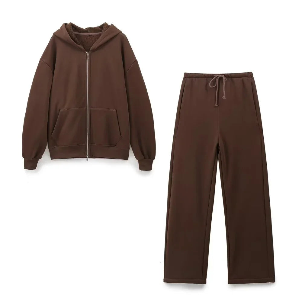 Fashionable Women's Casual Sportswear Jacket and Wide Leg Pants Set with Zipper Decoration