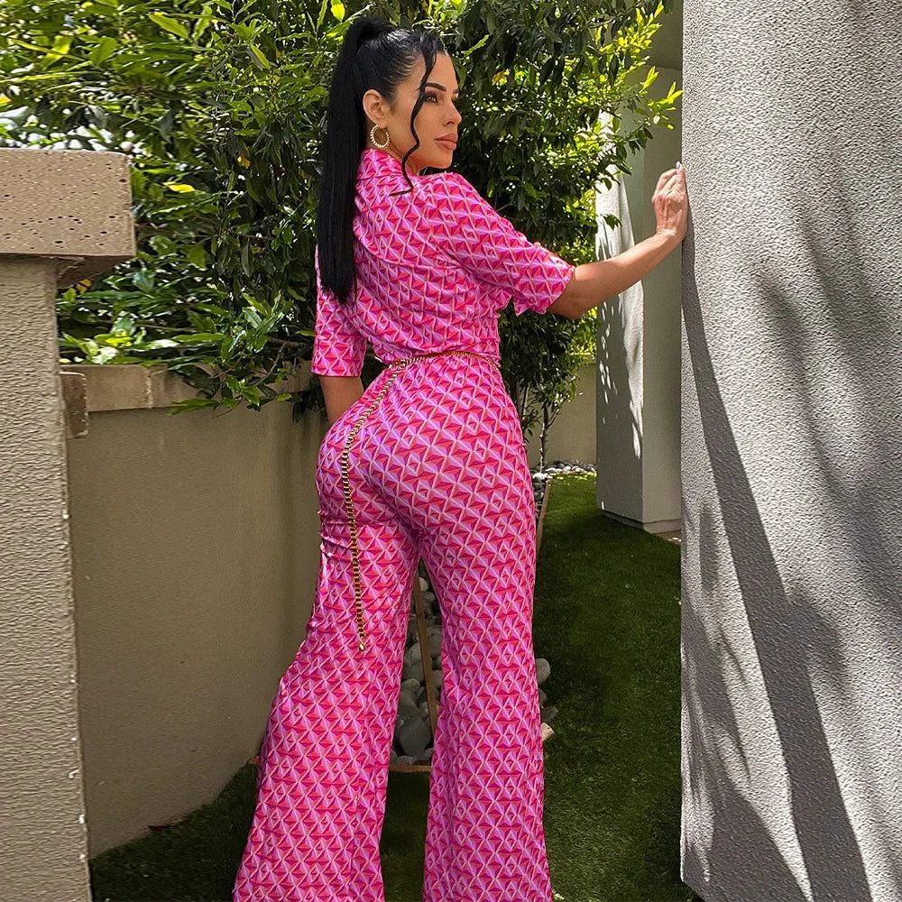 Elegant Chic Printed Women One Piece Slim Fit V Neck Long Sleeve Wrap Waist Jumpsuit Office Fashion Outfit