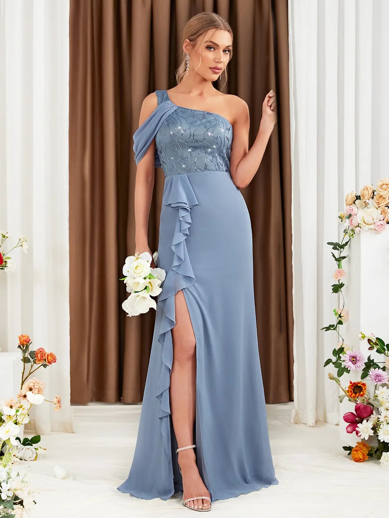 One Shoulder Lace Sequin Evening Dress For Party Bridesmaid