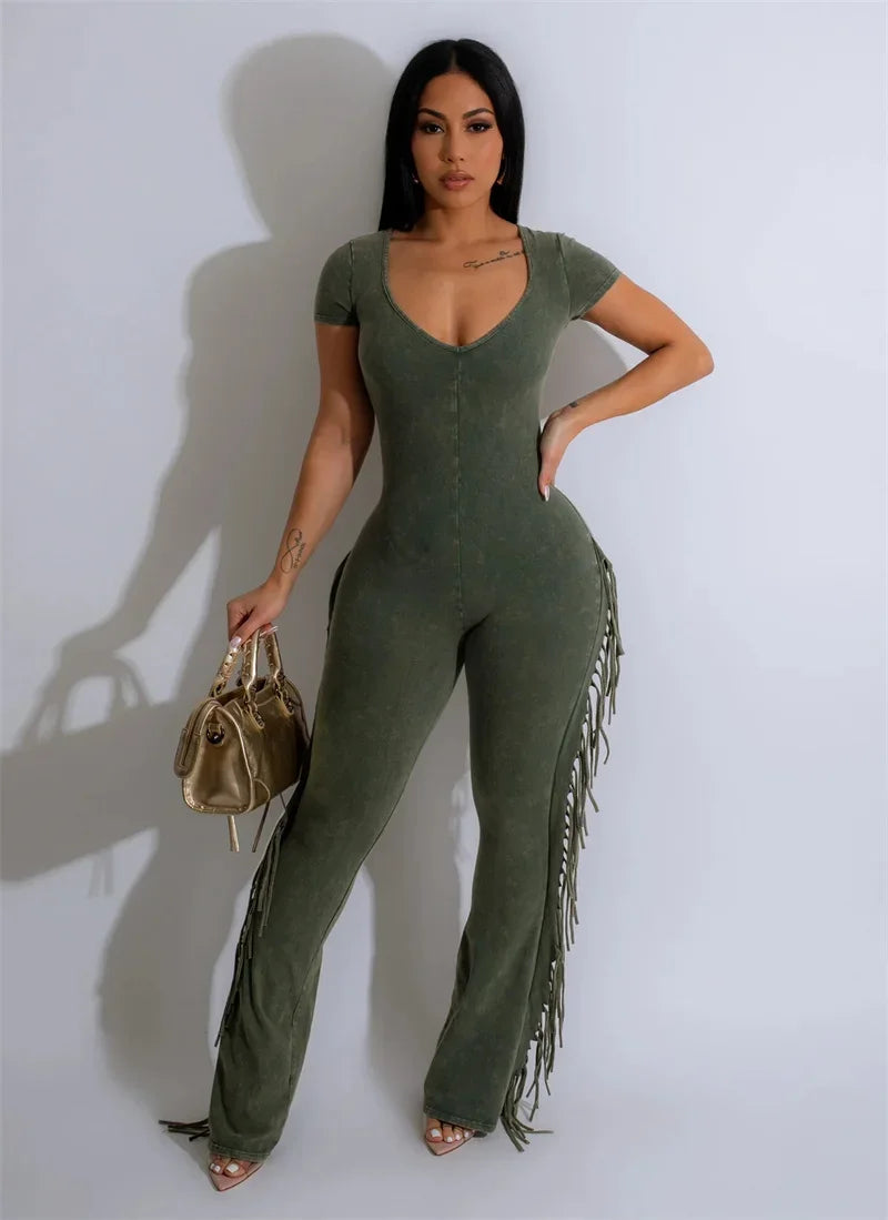 Women's Side Fringe Tassel Jumpsuit V-Neck Short Sleeve Skinny Flare Pants Romper Monos Largos