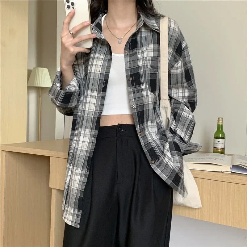 Casual Long Sleeve Plaid Blouse Mid Length Loose Fit Turn Down Collar Shirt for Women Autumn Winter Fashion Top