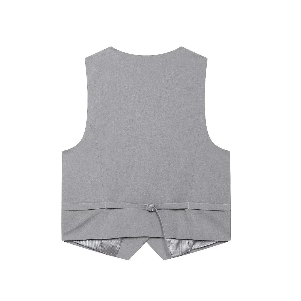 Women Solid Pant Sets with Adjustable Back Strap and V-Neck Vest High Waist Trousers Fashion Outfit