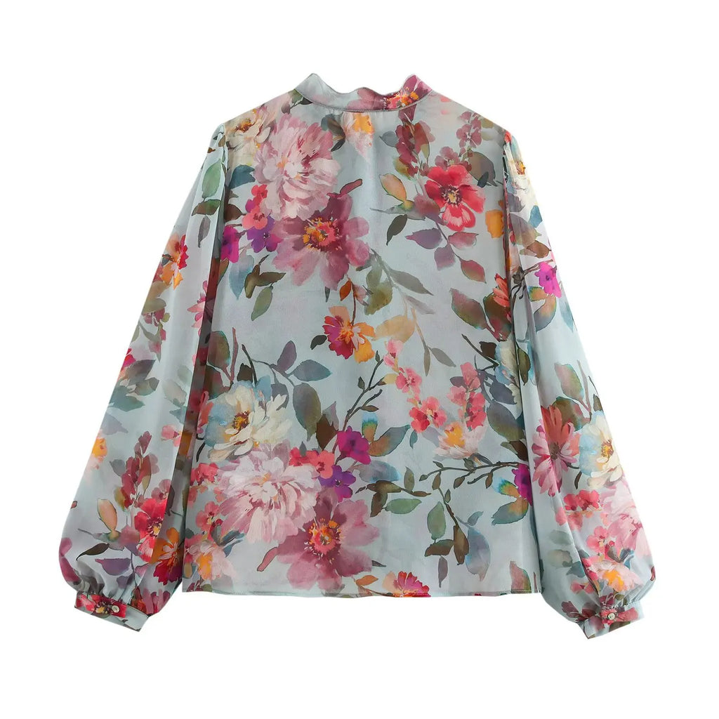 Women's Floral Print Chiffon Blouse with Bow Tie Detail Loose Fit Fashion Shirt