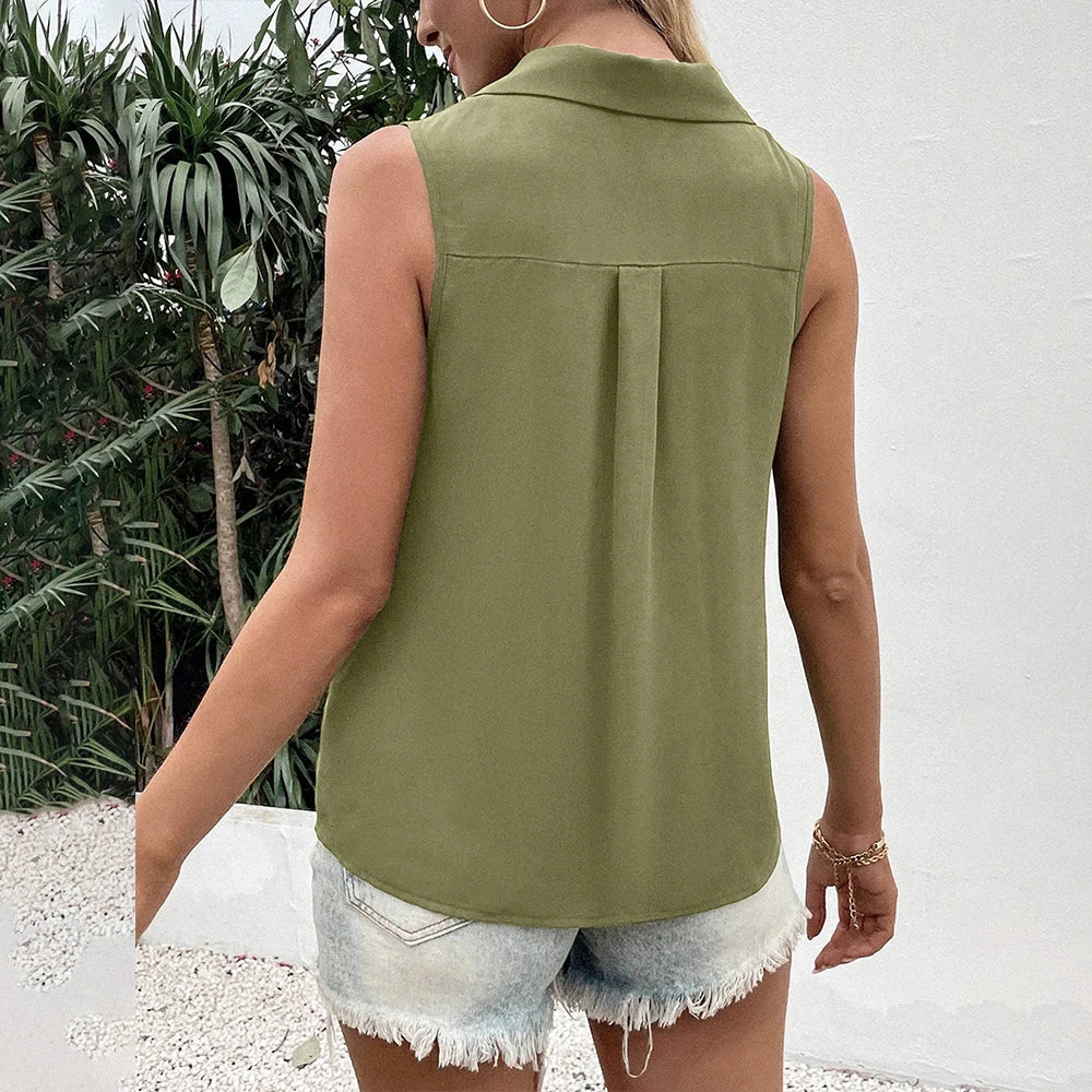 Chiffon Sleeveless Blouse for Women V Neck Button Down Slim Fit Casual Tank Top Summer Pullover Shirt