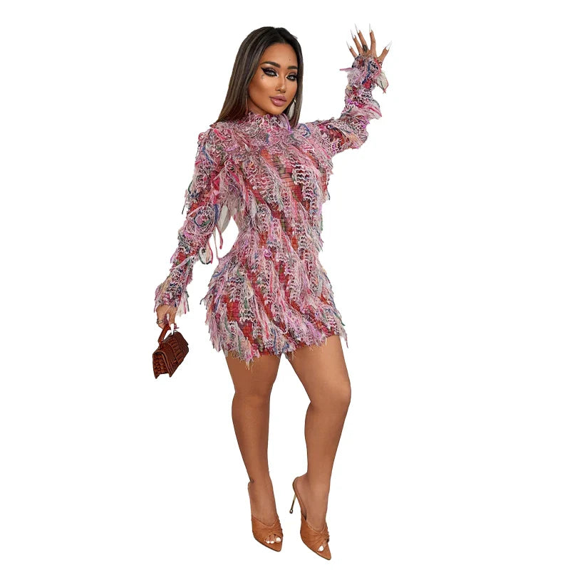 Crochet See Through Bodycon Dress With Colorful Tassels