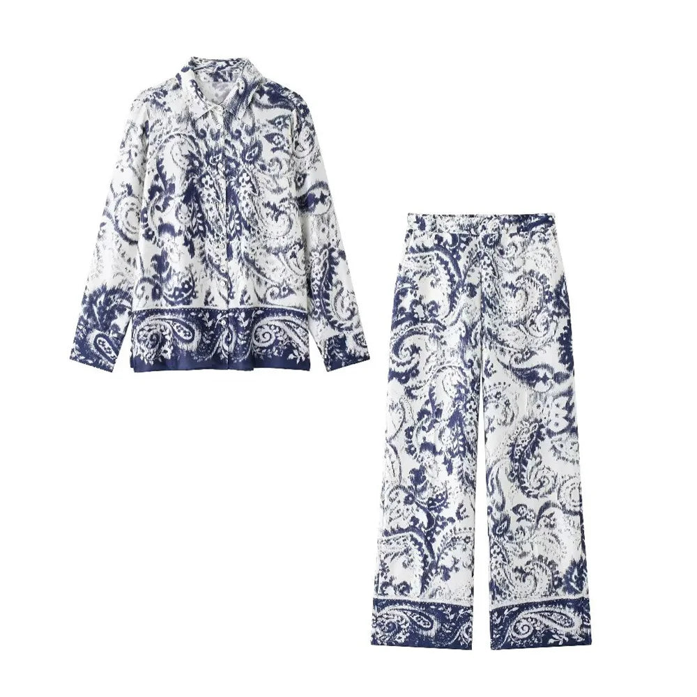 Niche Western Style Printed Shirt and High Waisted Pants Set for Fashionable Autumn Looks