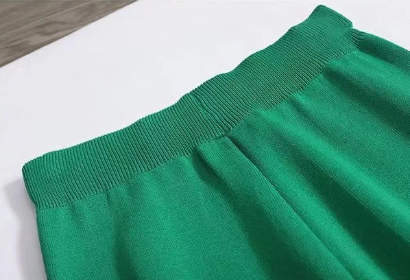 Spring Women Knitted Sweater Set Casual Pullover and Pant Outfit with Color Contrast Block Design