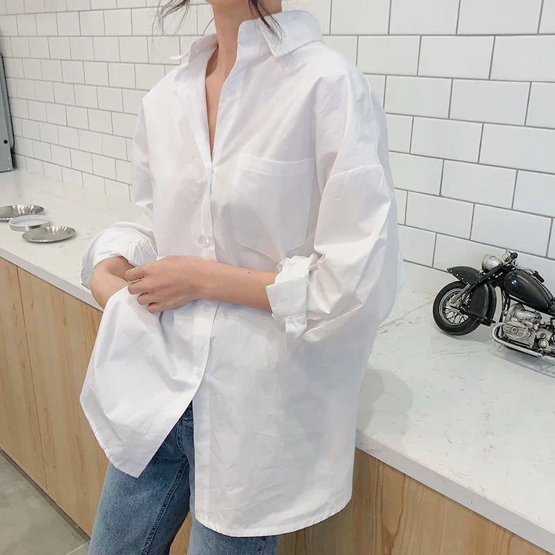 Elegant Cotton White Women Blouse Long Sleeve Vintage Loose Casual Shirt for Autumn and Spring