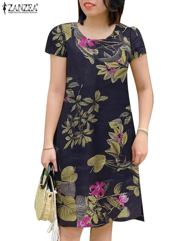 Vintage Floral Knee Length Boho Sundress With Pockets